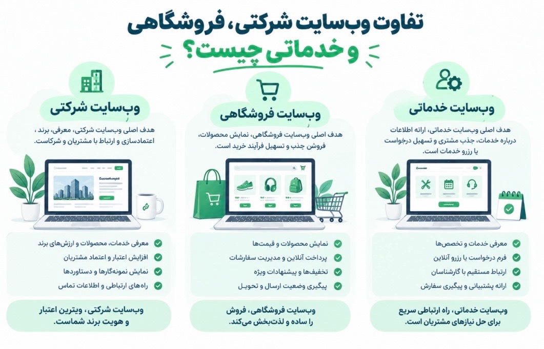 تفاوت وب‌سایت شرکتی، فروشگاهی و خدماتی چیست؟